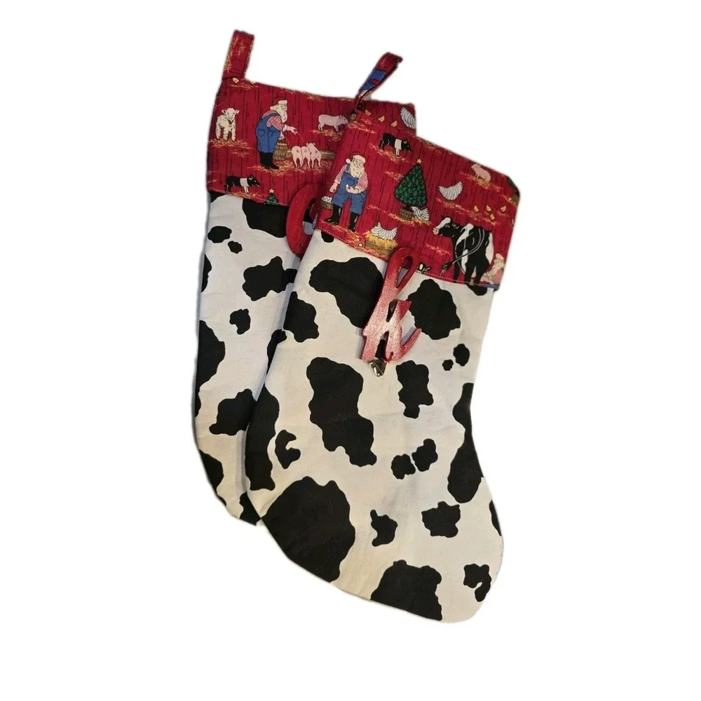 Lot Of 2 Christmas stockings black‎ & white cow print farm Animals Farmer Santa